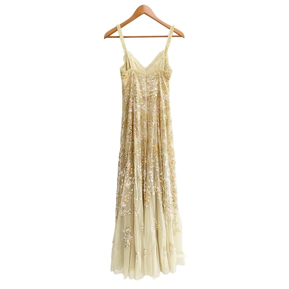 NEEDLE & THREAD Valentina Yellow Tulle Lace Sequin Ruffle Gown Maxi Dress 4 - Picture 5 of 12